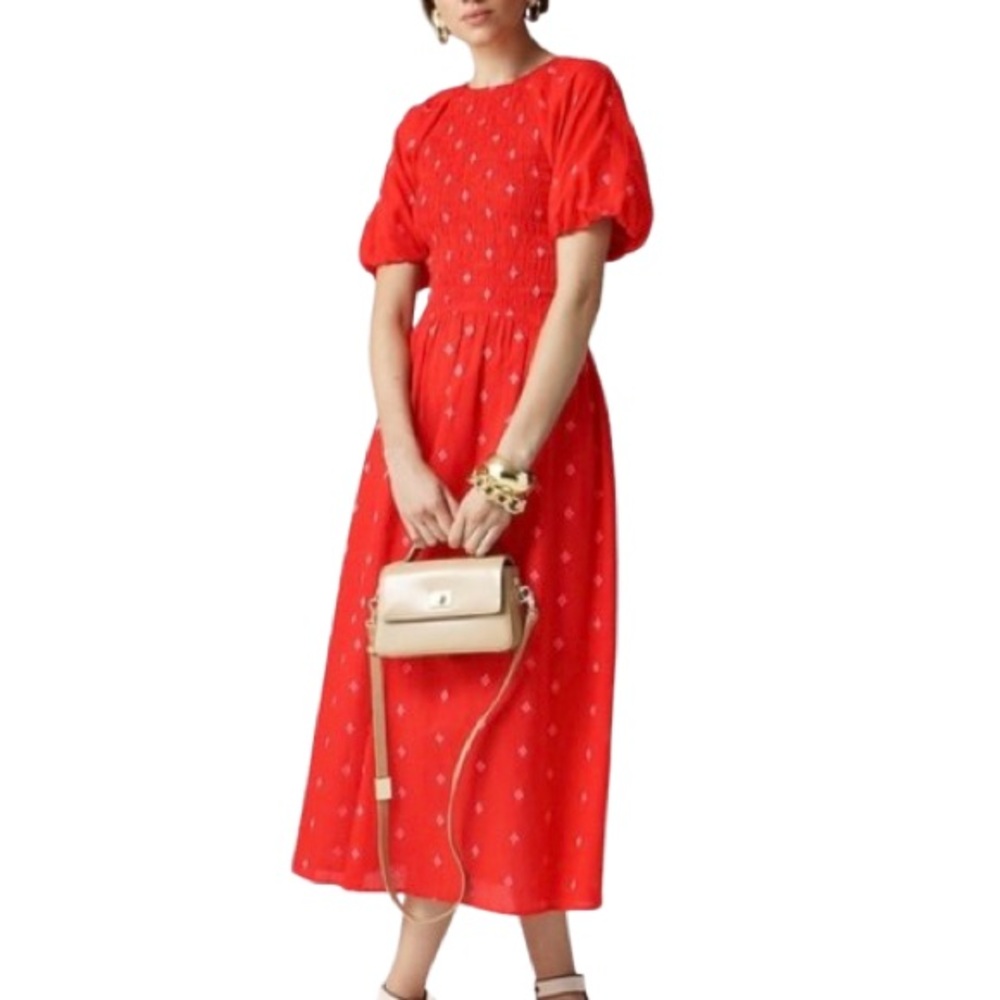 J. Crew Women’s 100% Cotton Meadow Midi Dress Red Sz L Puff Sleeve Embroidered